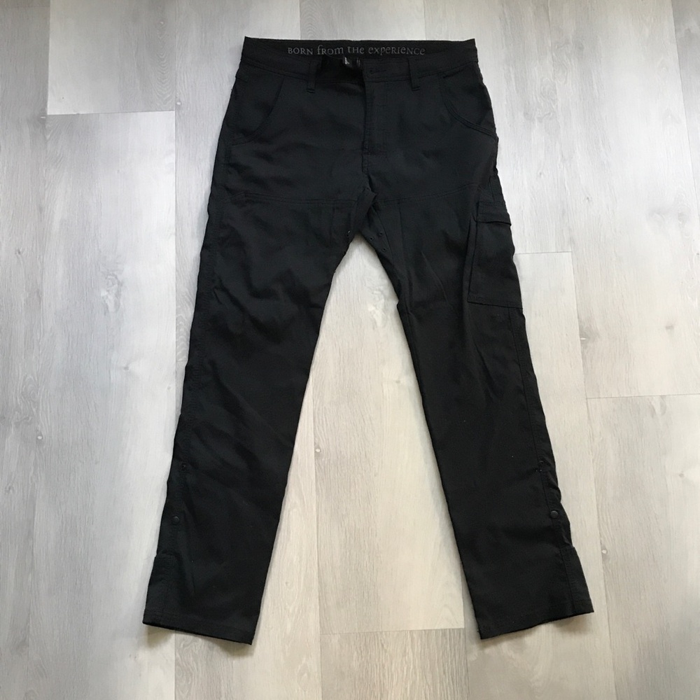 PRANA BLACK CHINO PANT BELTED STRAIGHT FIT FLAT FRONT MENS 32